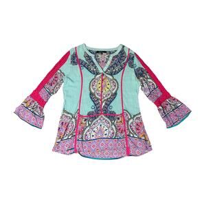 Calessa Colorful Boho Lace Bell Long Sleeve Shirt Size Medium Maximalist Indie